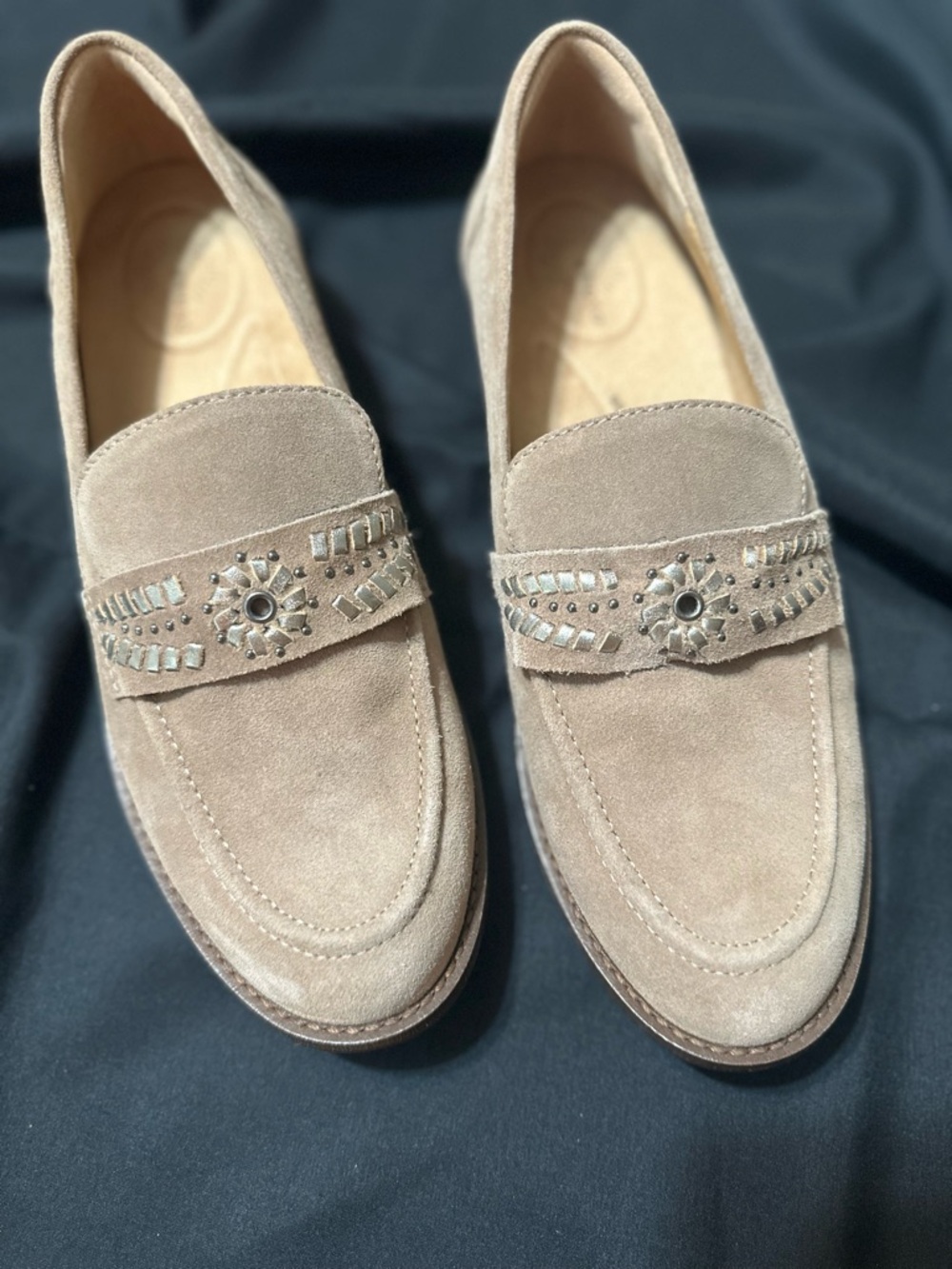 Embellished Suede Loafers in Taupe
